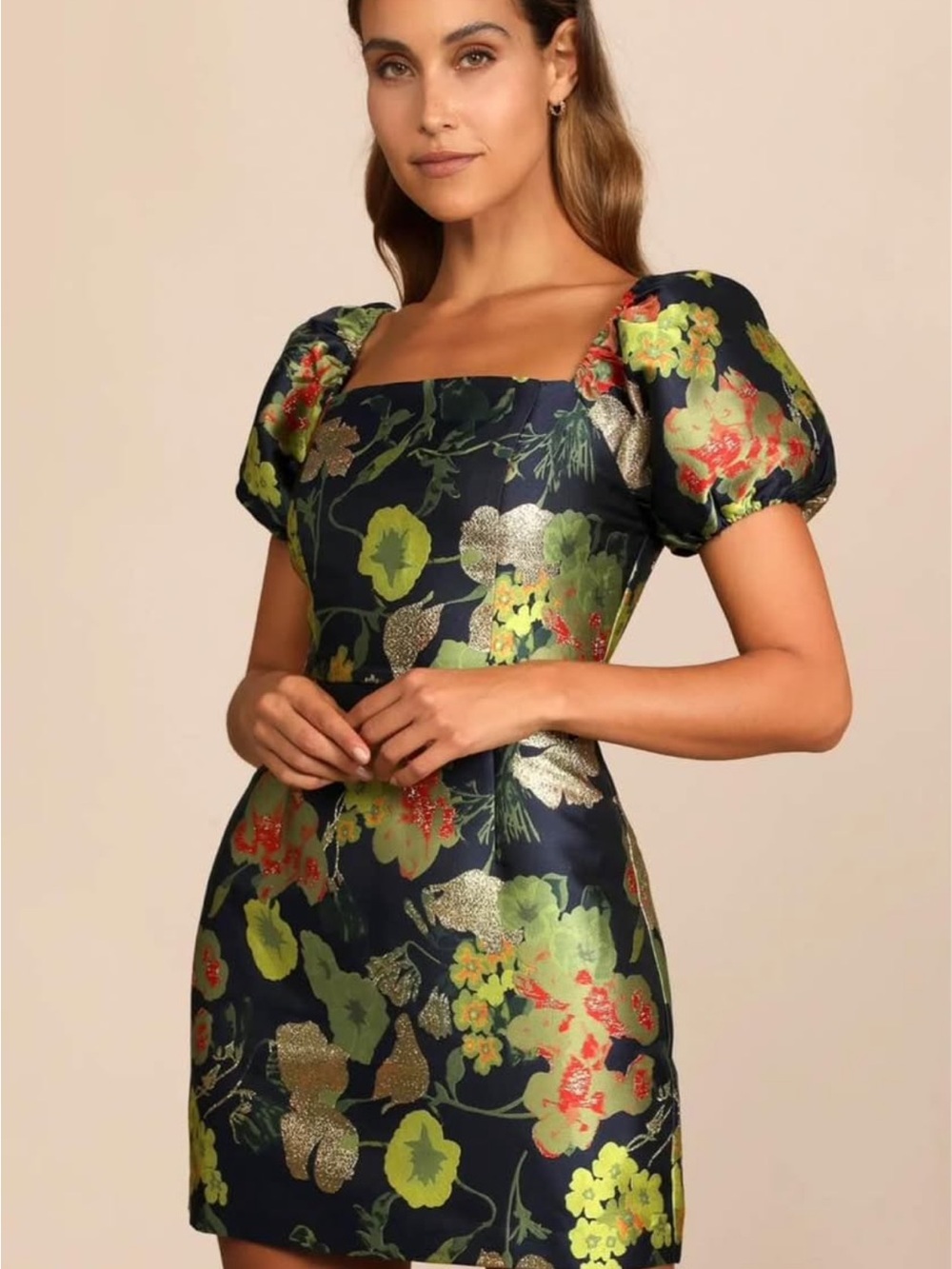 Lulus Navy Floral Puff-Sleeve Mini Dress with Gold Accents